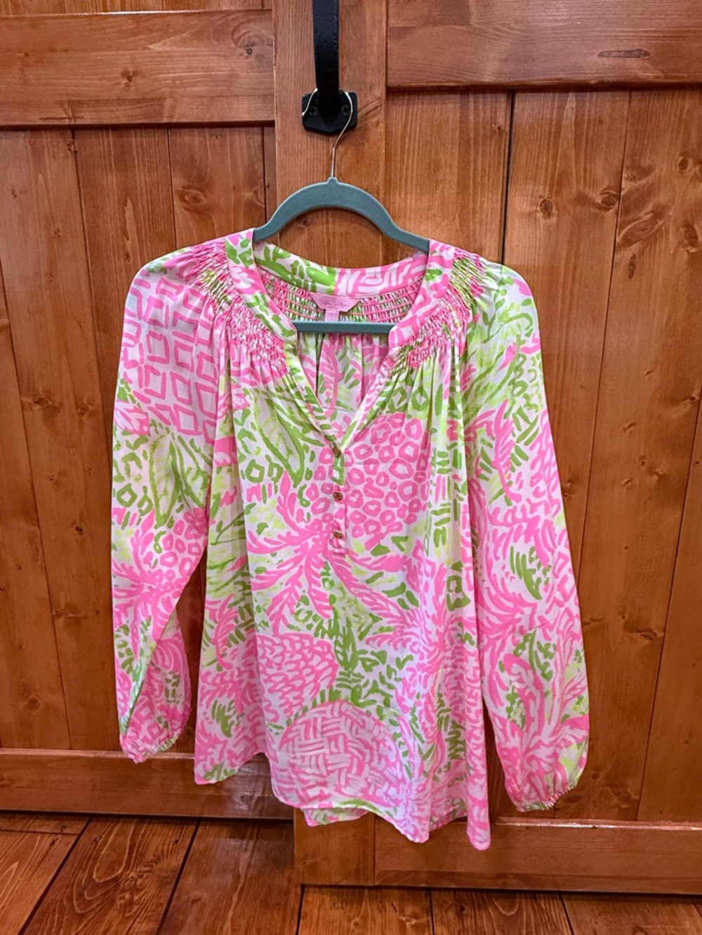 Lilly Pulitzer Pink & Green Printed Smocked-Neck Blouse